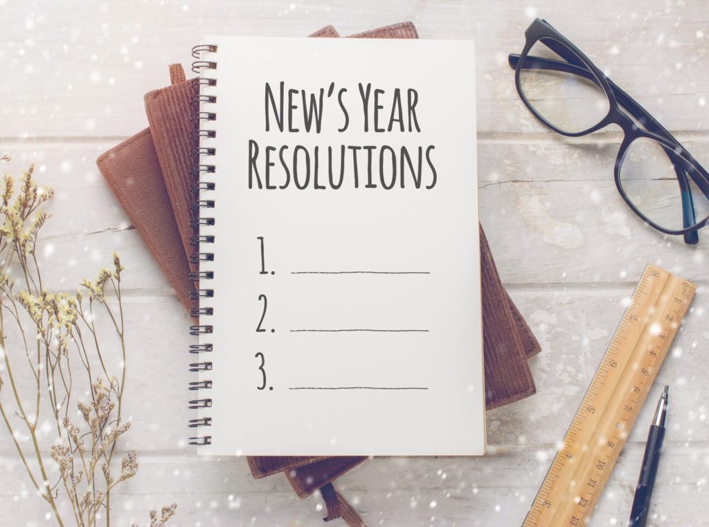 New Year's Resolutions list on desk with supplies